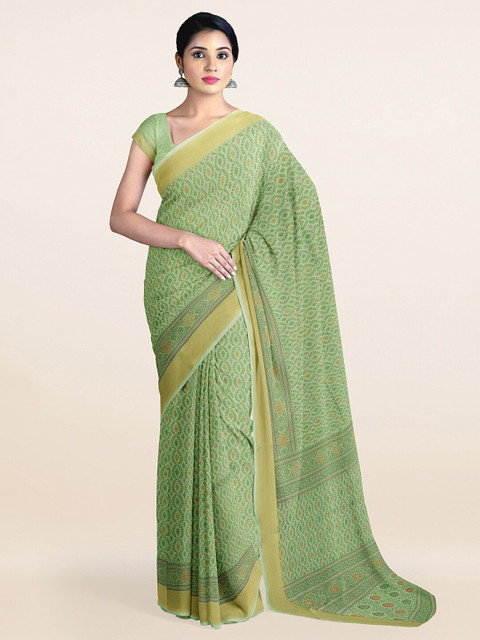 

Pothys Green & Gold-Toned Floral Printed Saree