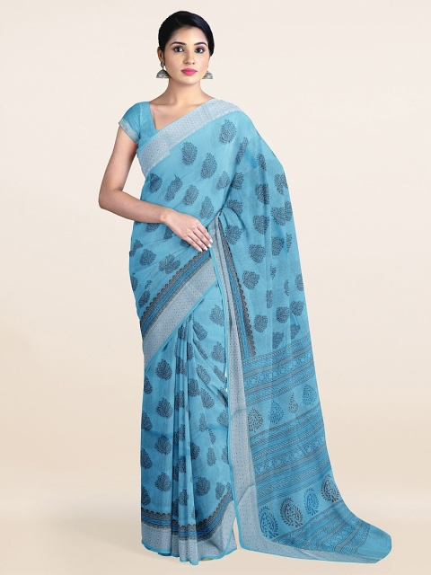 

Pothys Blue & Silver-Toned Ethnic Motifs Printed Zari Saree