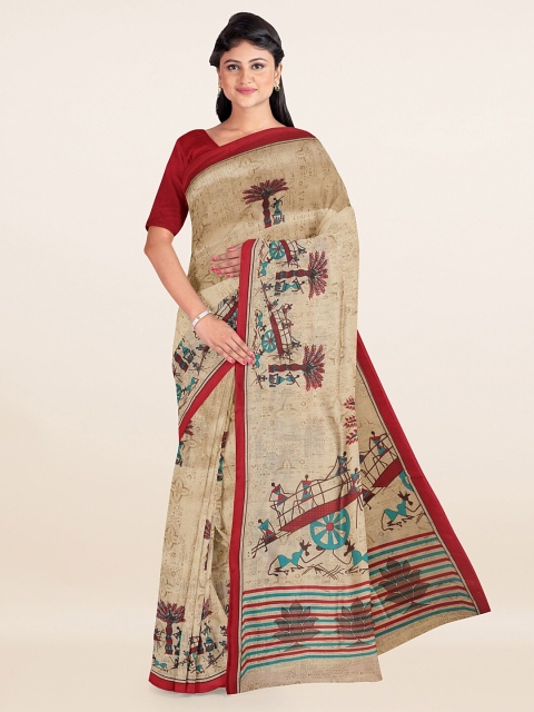 

Pothys Cream-Coloured & Red Warli Printed Saree