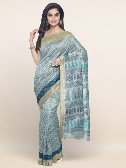 

Pothys Blue & Gold-Toned Floral Printed Zari Border Saree