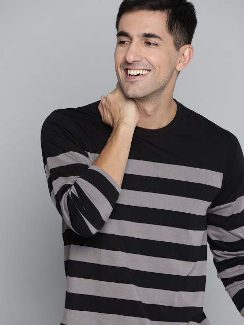 

HERE&NOW Men Black & Grey Striped Regular Fit T-shirt