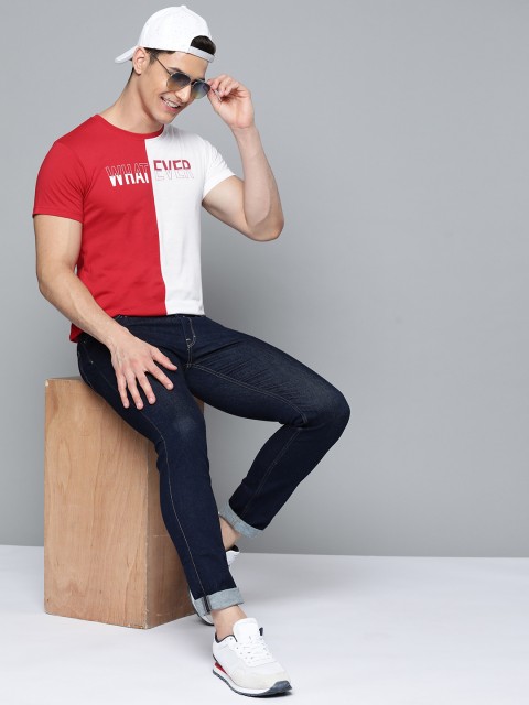 

HERE&NOW Men Red & White Colourblocked With Typography Print Detail T-shirt