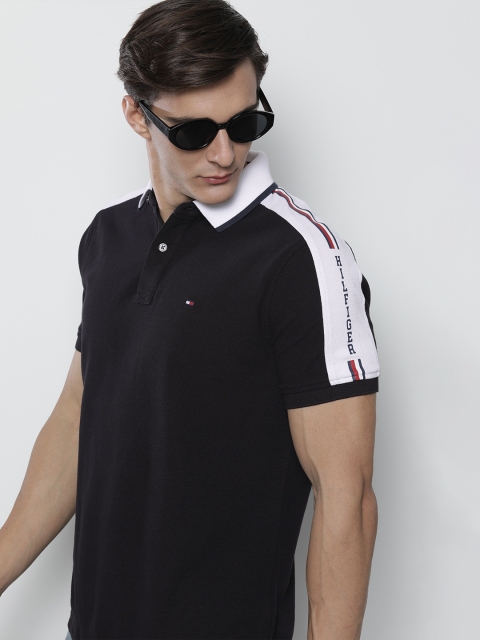 

Tommy Hilfiger Men Black & White Colourblocked Polo Collar T-shirt