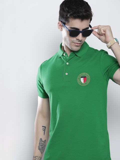 

Tommy Hilfiger Men Green Polo Collar Slim Fit Pure Cotton T-shirt