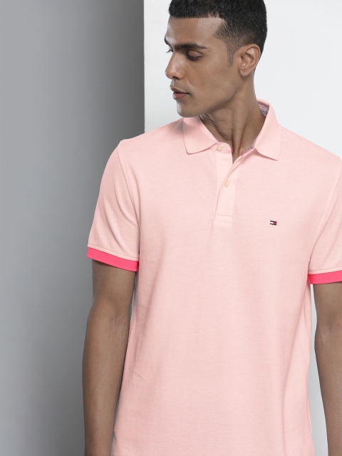 

Tommy Hilfiger Men Pink Self Designed Polo Collar T-shirt