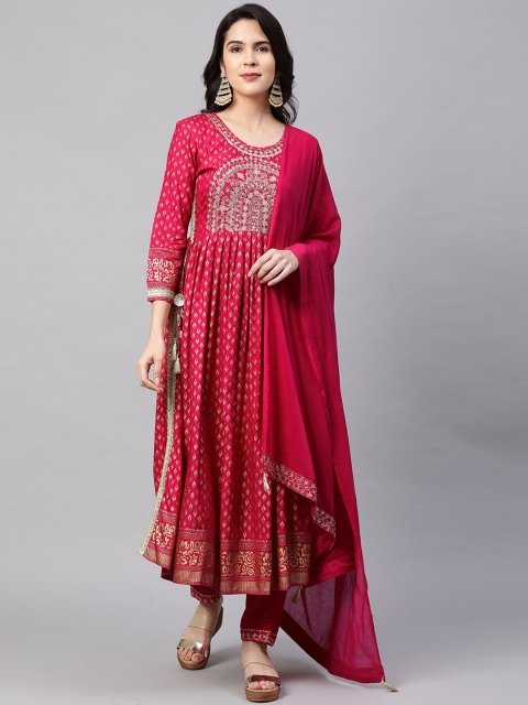 

FASHOR Women Magenta Embroidered Kurta with Trousers & With Dupatta