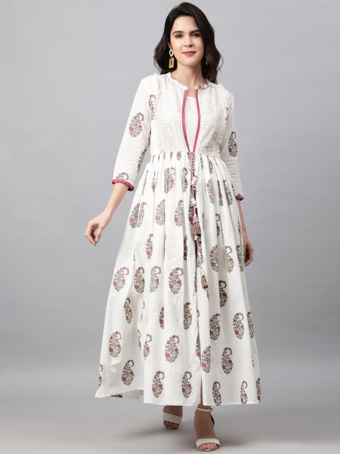 

FASHOR Off White & Pink Cotton Maxi Dress With Long Jacket