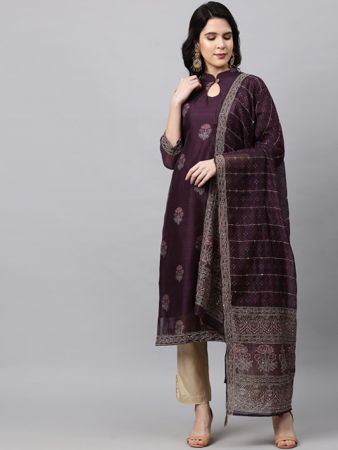 

FASHOR Women Burgundy Floral Printed Kurta With Bottom & Embroidered Dupatta