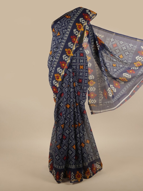 

Pothys Blue & Orange Ethnic Motifs Printed Zari Saree