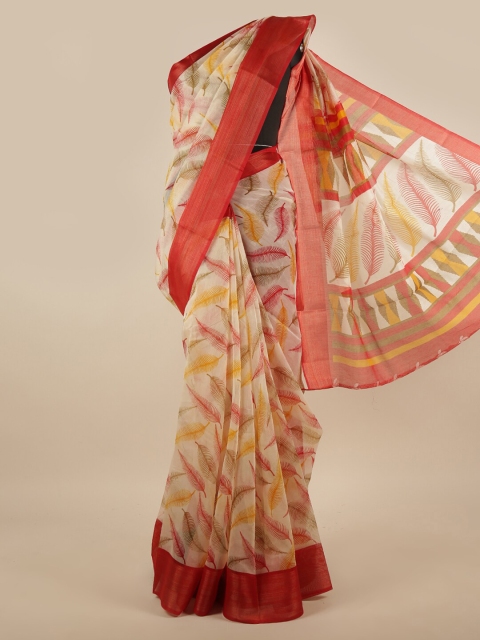 

Pothys Cream-Coloured & Red Floral Printed Zari Saree