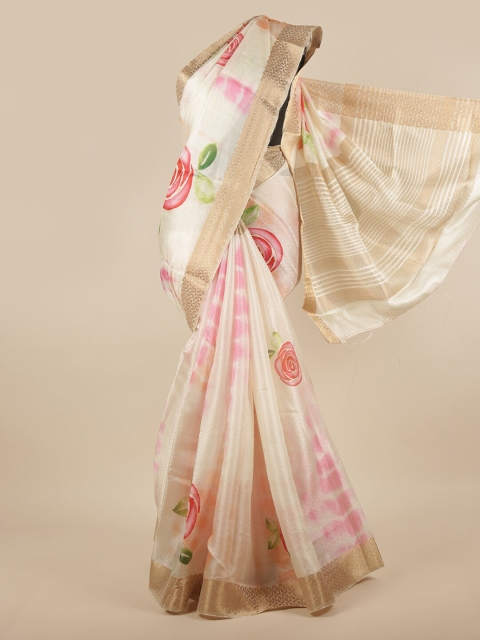 

Pothys Cream-Coloured & Pink Floral Printed Zari Tissue Saree