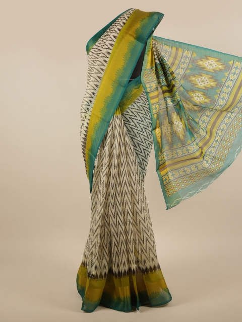 

Pothys Cream-Coloured & Green Geometric Printed Zari Saree