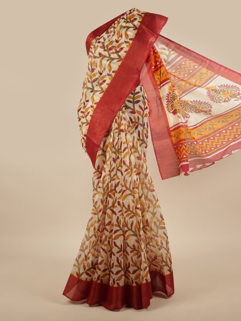 

Pothys Cream-Coloured & Maroon Floral Zari Saree