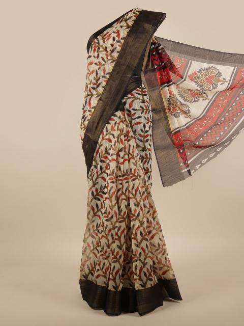 

Pothys Black & Gold-Toned Floral Printed Zari Border Saree