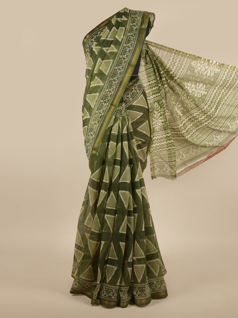 

Pothys Green & Off-White Geometric Printed Zari Saree