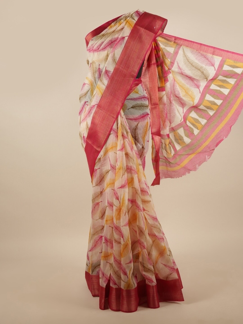 

Pothys Cream-Coloured & Magenta Floral Printed Zari Saree