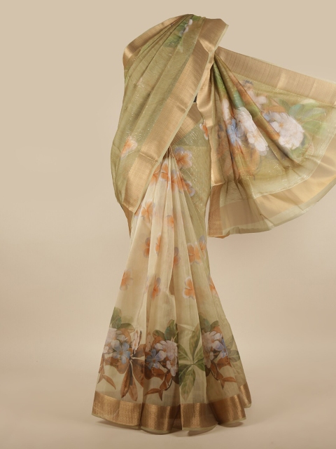 

Pothys Green & Gold-Toned Floral Printed Zari Border Saree