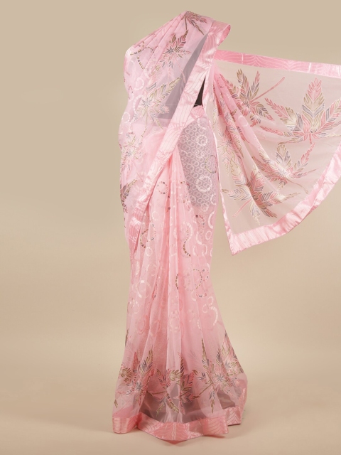 

Pothys Pink & Green Floral Tissue Saree