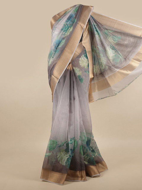 

Pothys Grey & Gold-Toned Floral Tissue Saree