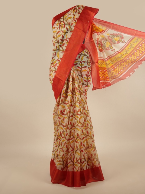 

Pothys Cream-Coloured & Red Floral Saree