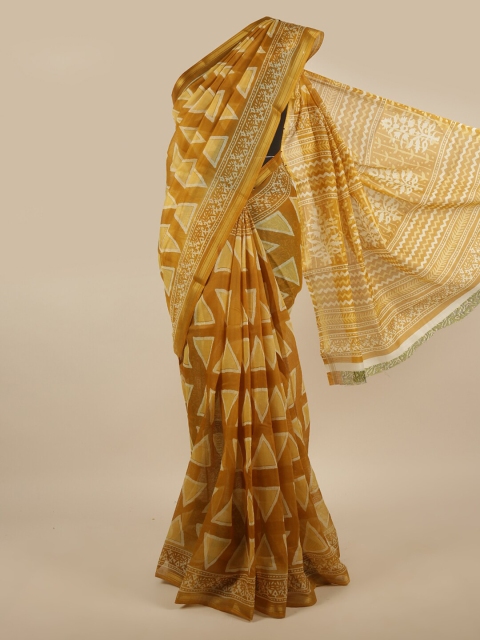 

Pothys Mustard & Off White Printed Zari Saree