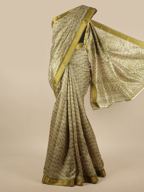 

Pothys Olive Green & Gold-Toned Batik Printed Zari Border Saree