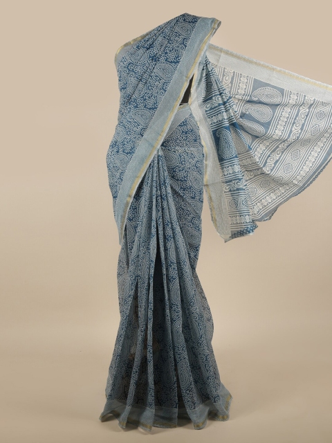 

Pothys Blue & White Paisley Printed Zari Saree