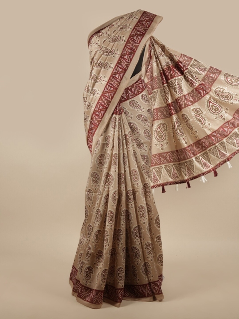 

Pothys Cream-Coloured & Brown Paisley Printed Saree