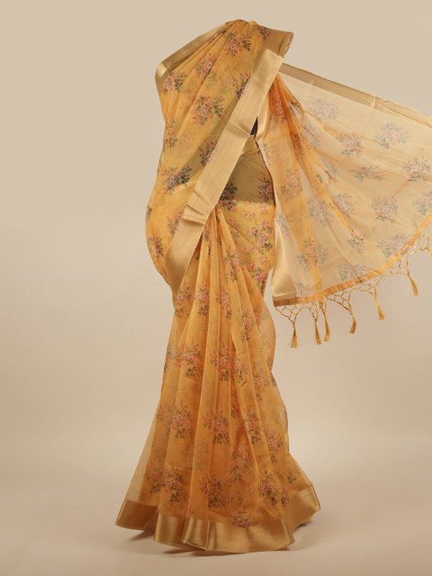 

Pothys Mustard & Green Floral Printed Zari Tissue Saree