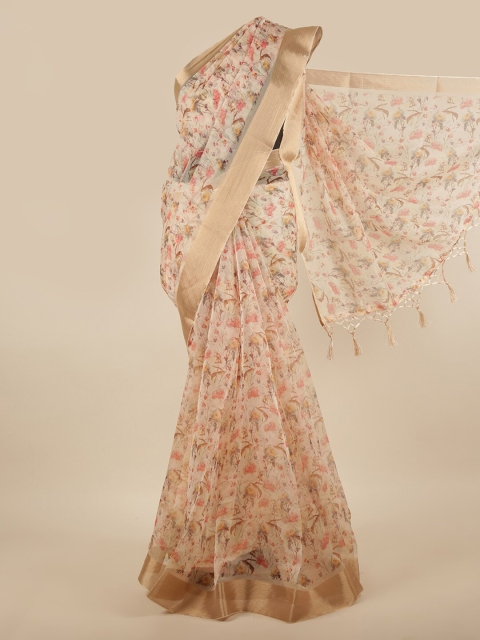 

Pothys Cream-Coloured & Gold-Toned Floral Printed Zari Border Tissue Saree