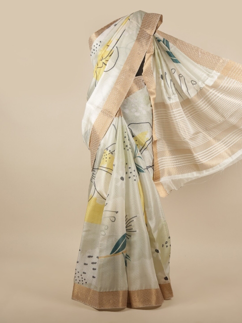 

Pothys Cream-Coloured & Green Printed Zari Saree