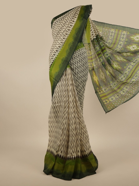 

Pothys Cream-Coloured & Green Geometric Printed Zari Saree