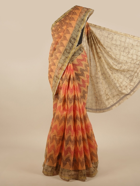 

Pothys Peach-Coloured & Tan Printed Saree