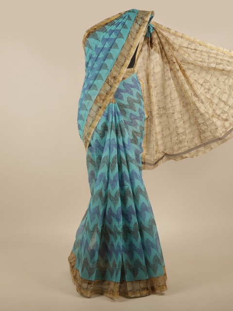 

Pothys Blue & Tan Printed Zari Cotton Blend Saree