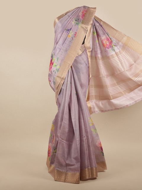 

Pothys Purple & Pink Floral Printed Zari Tissue Saree