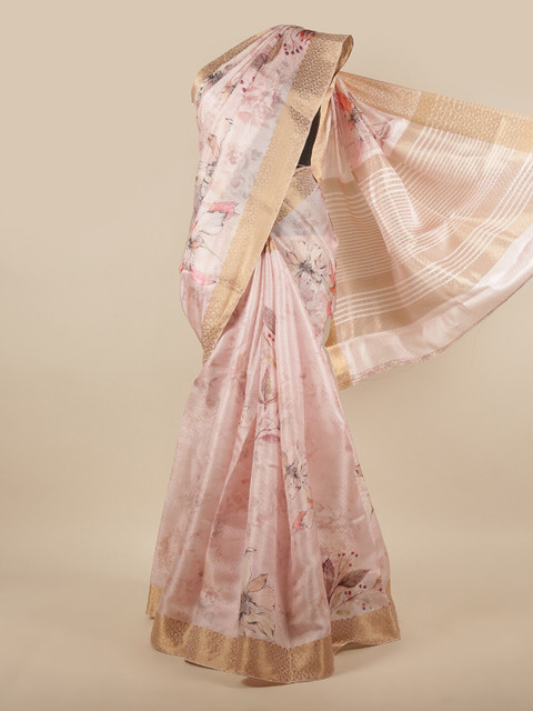 

Pothys Pink & Gold-Toned Floral Printed Zari Border Tissue Saree