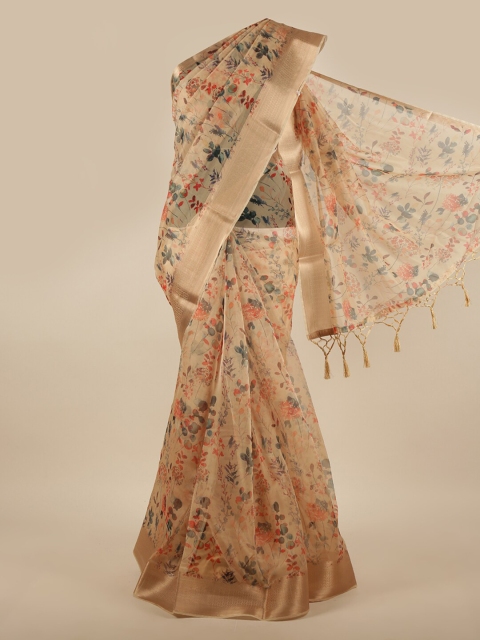 

Pothys Cream-Coloured & Red Floral Printed Zari Saree