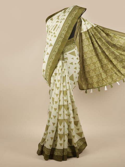 

Pothys Cream-Coloured & Green Printed Saree