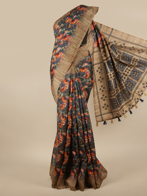 

Pothys Grey & Orange Floral Printed Saree