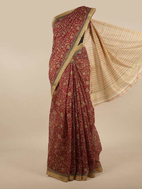 

Pothys Red & Gold-Toned Floral Printed Zari Border Saree