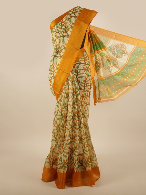 

Pothys Cream-Coloured & Green Floral Printed Zari Saree