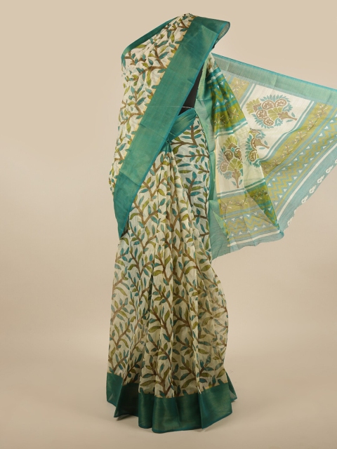 

Pothys Cream-Coloured & Green Floral Printed Zari Saree