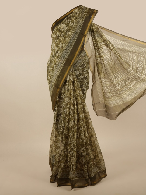 

Pothys Olive Green & Gold-Toned Floral Printed Zari Border Saree
