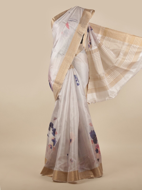 

Pothys Off White & Blue Floral Printed Zari Tissue Saree