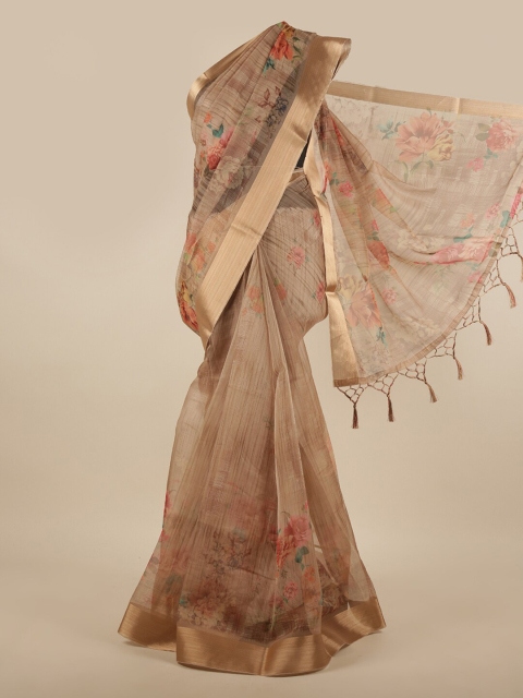 

Pothys Brown & Gold-Toned Floral Printed Zari Border Tissue Saree