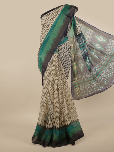 

Pothys Cream-Coloured & Green Printed Zari Saree