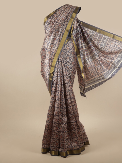 

Pothys Blue & Brown Floral Printed Zari Saree