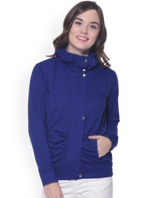 

PURYS Women Blue Solid Fleece Bomber Jacket