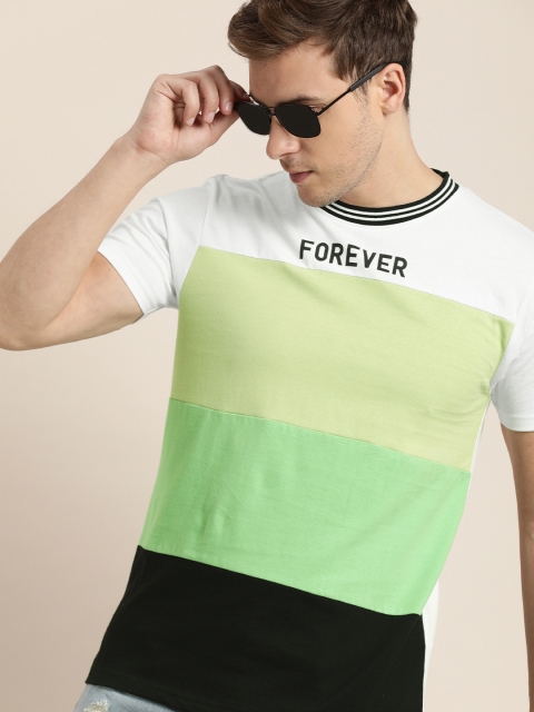

Moda Rapido Men White & Green Colourblocked Pure Cotton T-shirt