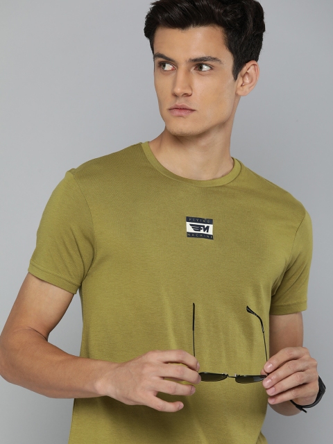 

Flying Machine Men Olive Green Brand Logo Slim Fit Pure Cotton Casual T-shirt